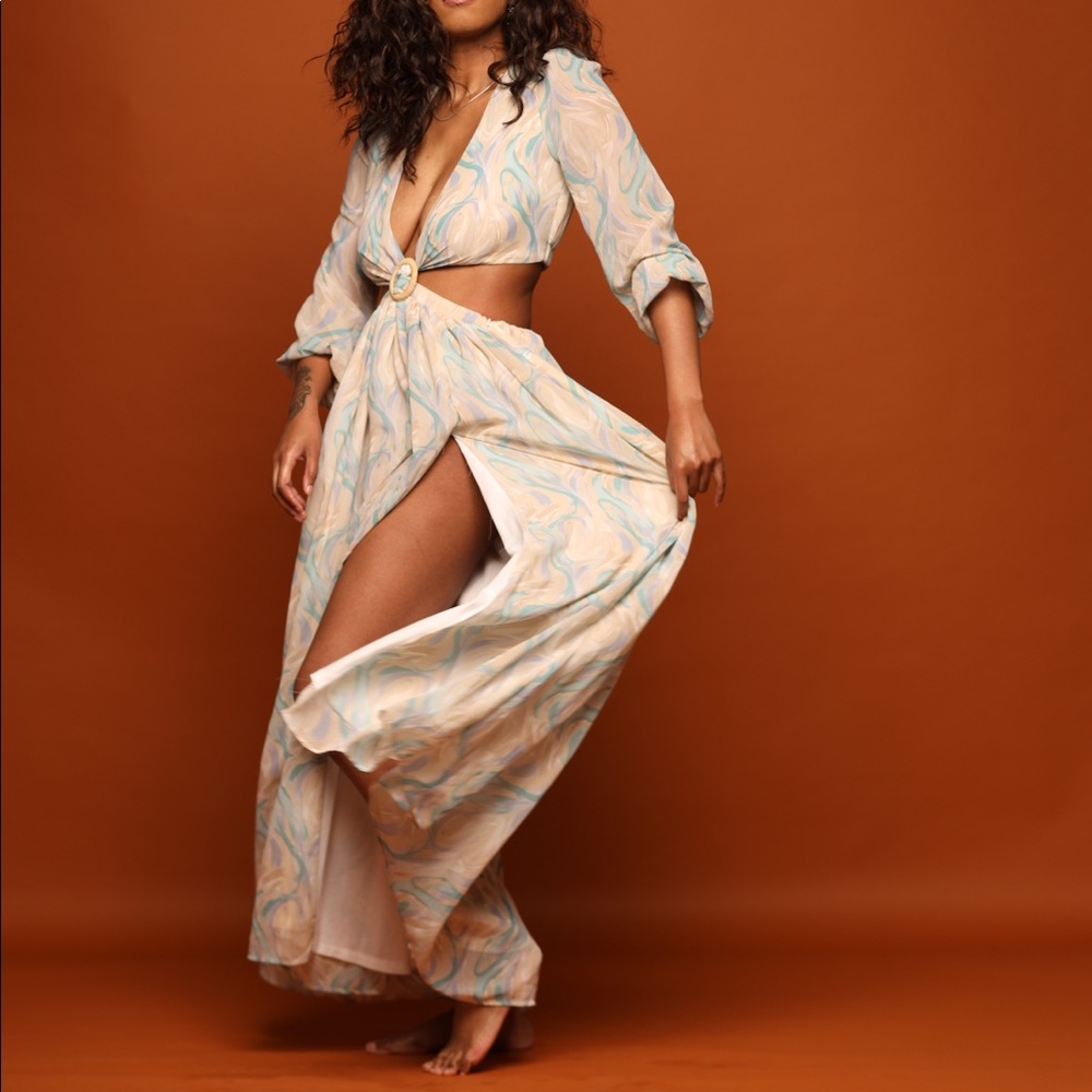 Fashion Nova Swirl Maxi Dress - Cream and Blue